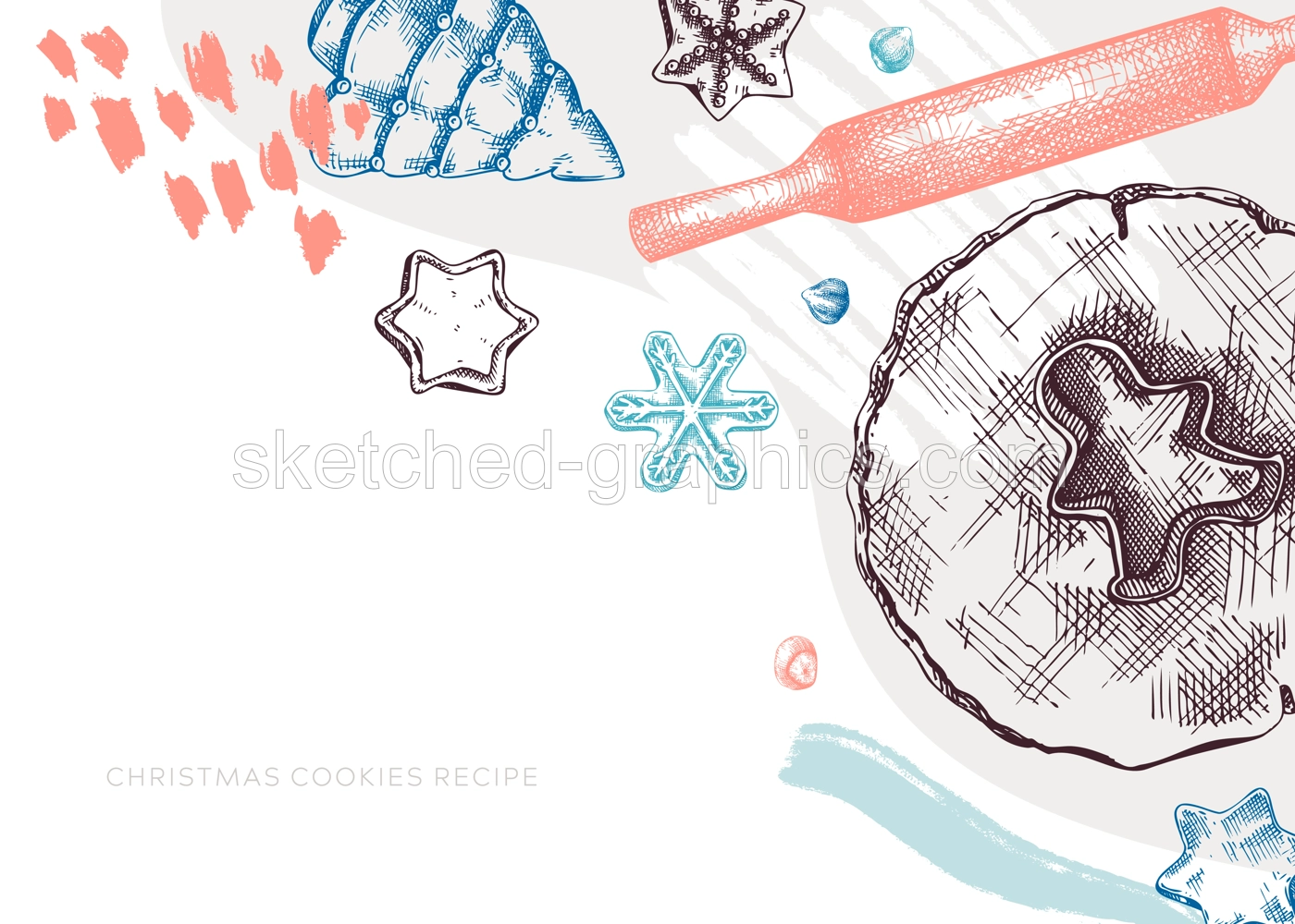 Christmas cookies banner in collage style. Sketched cooking process elements set: cookies, dough, rolling pin. Home-made cookies hand-drawings for Christmas decor, recipe, banner, greeting cards. Illustration
